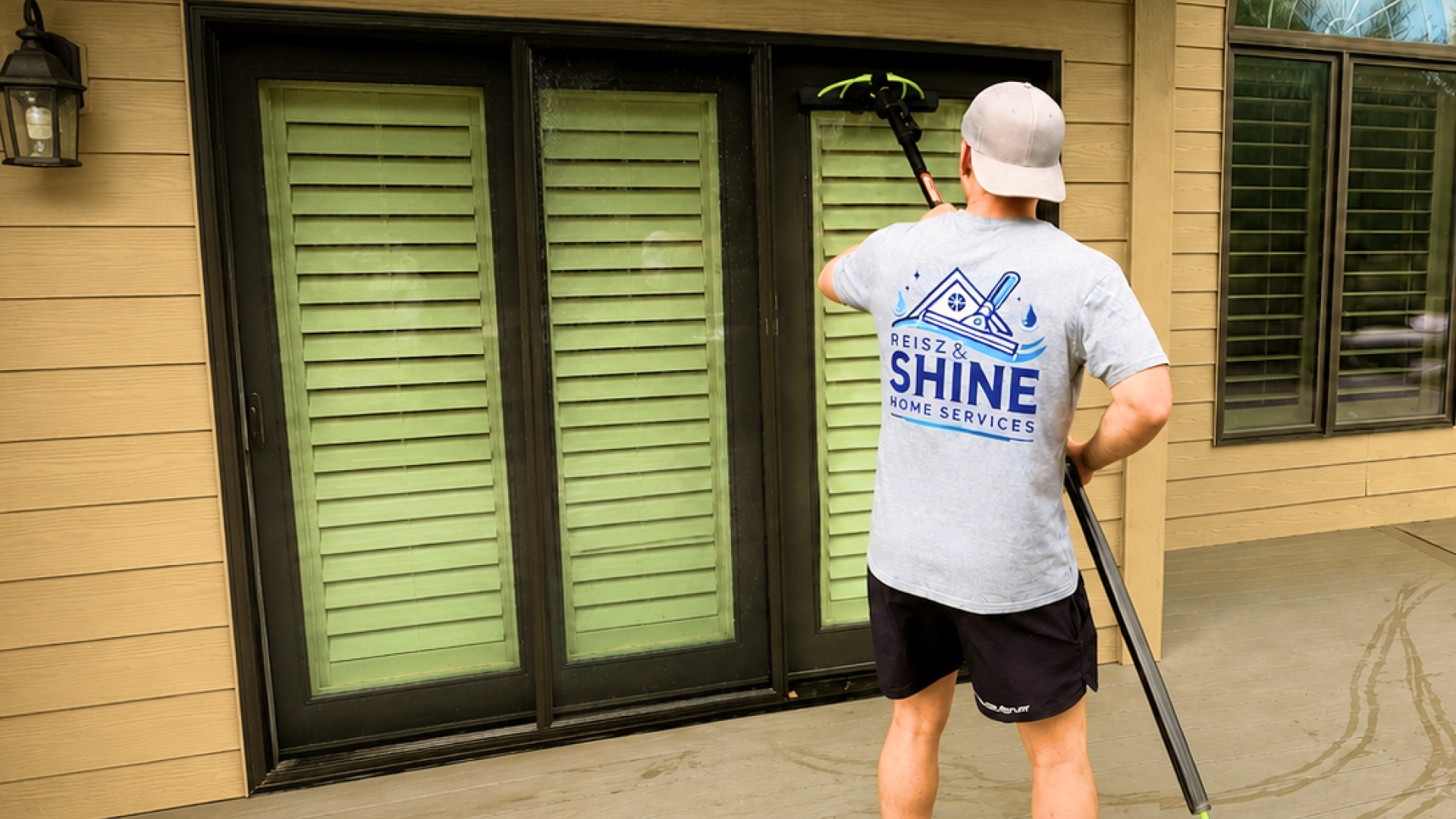 Reisz & Shine technician squeegeeing a sliding glass door at an Omaha home